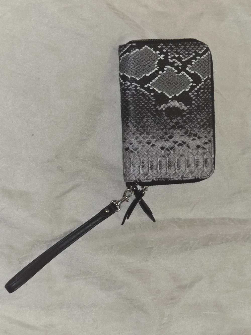 Anne Klein Snake-Print Wristlet Wallet in Black and Gray with Gold Accent